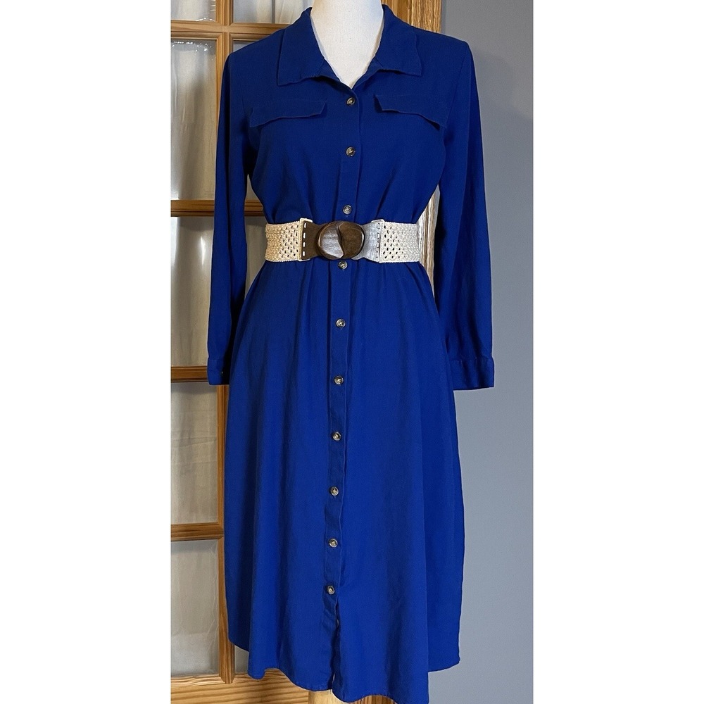 Ashly & Sage Linen Blend Dress S Midi Royal Blue Button Up Modern Classic Career